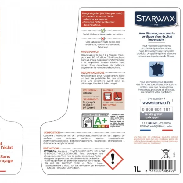 STARWAX Sols<Lait de brillance pour Terres cuites et Tomettes,