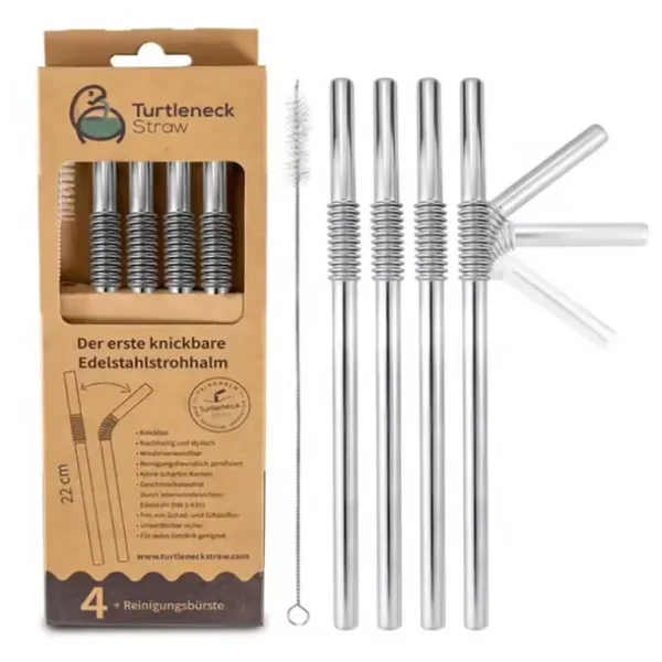 Turtleneck Straw Ustensiles En Inox<Set de 4 pailles flexibles argent, Turtleneck® Straw